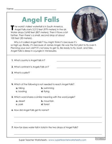Short Passages - Angel Falls (Short, Nonfiction) (Printable PDF Worksheet)