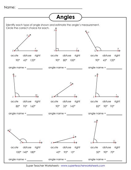 Angle Types: Acute, Obtuse, Right - Angle Estimates (Printable PDF Worksheet)