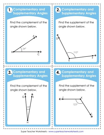Geometry - Angles: Complementary & Supplementary (Printable PDF Worksheet)