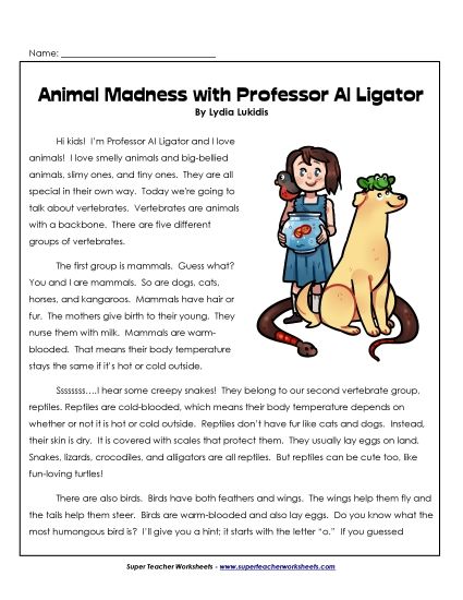 Nonfiction Articles - Animal Madness with Professor Alligator (Printable PDF Worksheet)