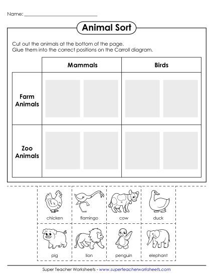Cut and Glue Activities - Animal Sort: Carroll Diagram (Printable PDF Worksheet)