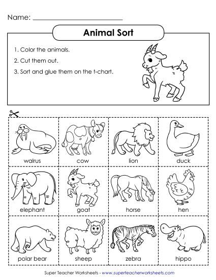 Cut and Glue Activities - Animal Sort (Cut and Glue) (Printable PDF Worksheet)