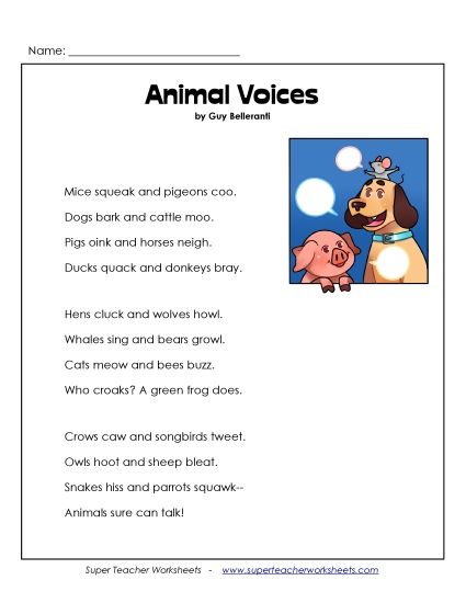 Poems - Animal Voices (Poetry) (Printable PDF Worksheet)