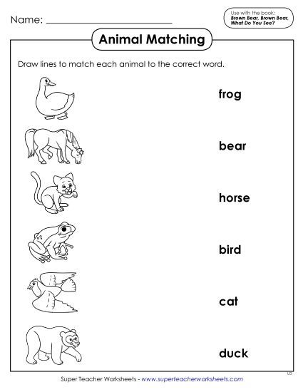 Worksheets - Animal Word-Picture Match (Printable PDF Worksheet)