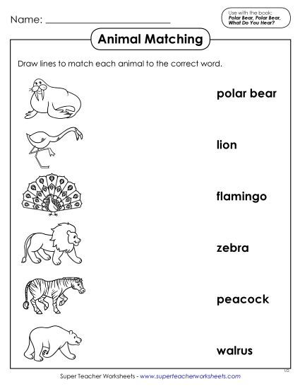 Worksheets - Animal Word-Picture Match (Printable PDF Worksheet)