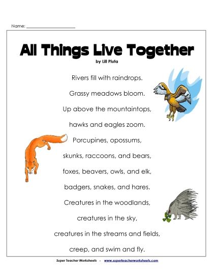 Poems - Animals Living Together (Poem) (Printable PDF Worksheet)
