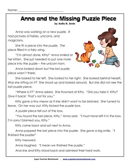 Anna & Kitty Stories (Fiction) - Anna and the Missing Puzzle Piece (Printable PDF Worksheet)