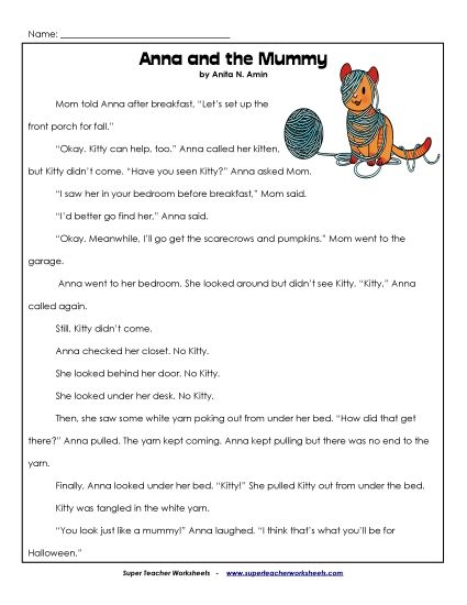 Reading Comprehension Fiction - Anna and the Mummy Passage (Printable PDF Worksheet)