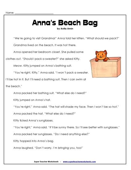 Anna & Kitty Stories (Fiction) - Anna's Beach Bag (Printable PDF Worksheet)
