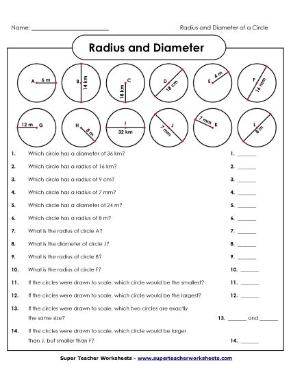 Radius and Diameter (Basic) - Another Radius & Diameter Worksheet  (Printable PDF Worksheet)