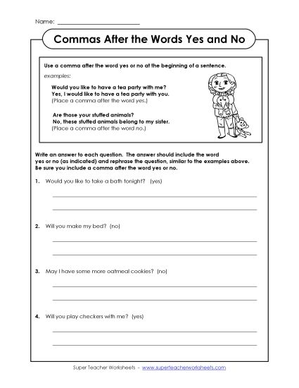 Commas After Interjections - Answering Yes and No Questions (Printable PDF Worksheet)