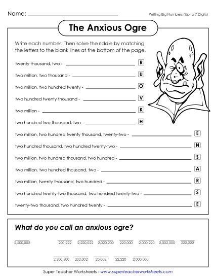 Place Value - Anxious Ogre (7-Digit Place Value) (Printable PDF Worksheet)