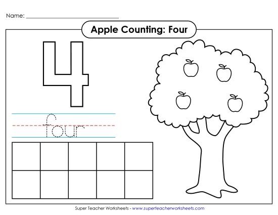 Number Four - Apple Counting Mat: Four (Printable PDF Worksheet)