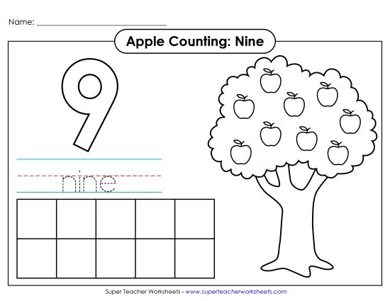 Number Nine - Apple Counting Mat: Nine (Printable PDF Worksheet)