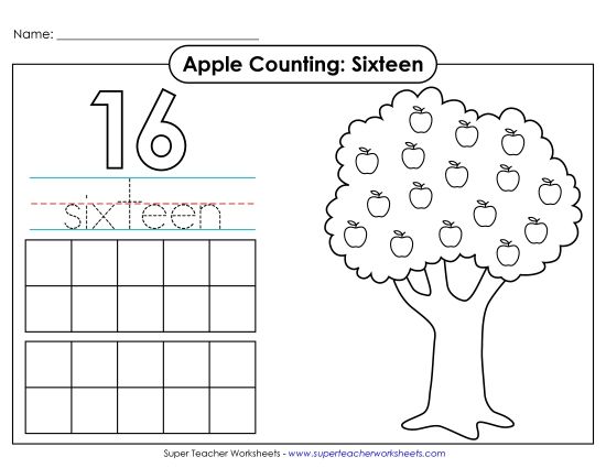 Number Sixteen - Apple Counting Mat: Sixteen (Printable PDF Worksheet)