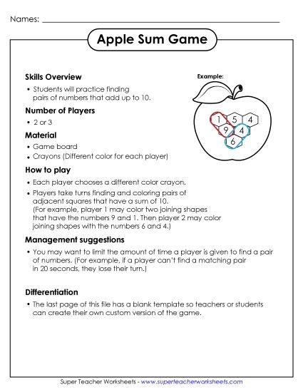 Back-to-School Math - Apple Sum Game (Printable PDF Worksheet)