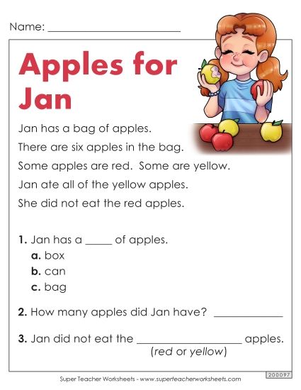 Passages with Basic Reading Comprehension Questions - Apples for Jan (Printable PDF Worksheet)