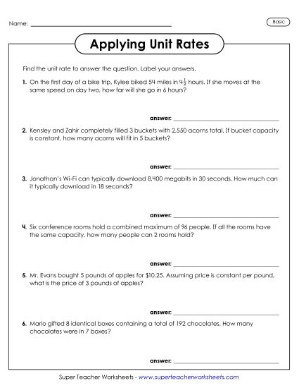 Unit Rate Word Problems - Applying Unit Rates (Printable PDF Worksheet)