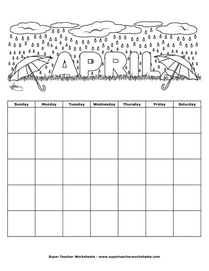 More Worksheets - April Calendar (Rain & Umbrellas) (Printable PDF Worksheet)