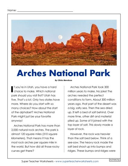 Rocks and Minerals - Arches National Park Article (Printable PDF Worksheet)