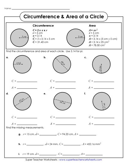 Printable Worksheets - Area and Circumference (Printable PDF Worksheet)