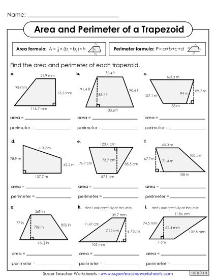 Level: Advanced Includes Decimals & Fractions - Area & Perimeter of Trapezoids (Advanced) (Printable PDF Worksheet)