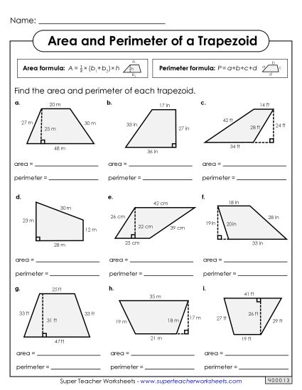 Level: Intermediate 2-Digit Measurements - Area & Perimeter of Trapezoids (Intermediate) (Printable PDF Worksheet)