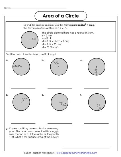 Printable Worksheets - Area of a Circle  1 (Intermediate) (Printable PDF Worksheet)