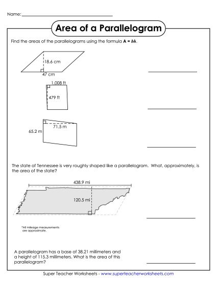 Level: Advanced Decimal & Fraction Measurements - Area of a Parallelogram (Advanced) (Printable PDF Worksheet)