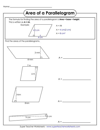 Basic Level: Single-Digit Measurements - Area of a Parallelogram (Basic) (Printable PDF Worksheet)