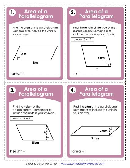 Geometry - Area of a Parallelogram (Basic) (Printable PDF Worksheet)