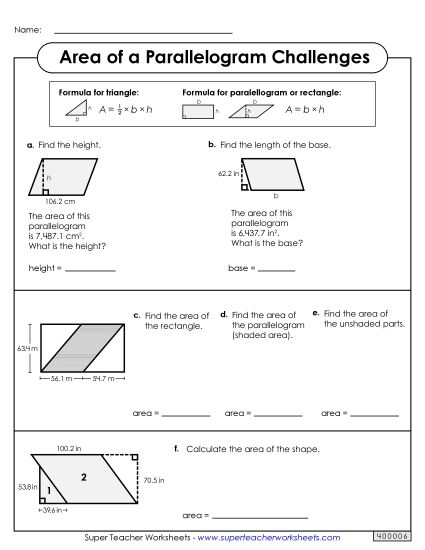 Level: Advanced Decimal & Fraction Measurements - Area of a Parallelogram Challenges (Advanced) (Printable PDF Worksheet)