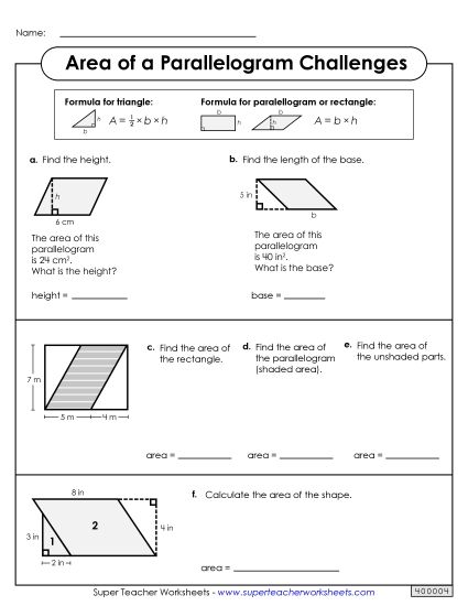 Basic Level: Single-Digit Measurements - Area of a Parallelogram Challenges (Basic) (Printable PDF Worksheet)