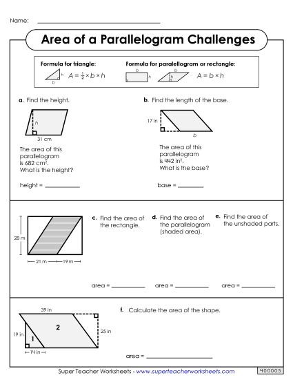 Level: Intermediate Double-Digit Measurements - Area of a Parallelogram Challenges (Intermediate) (Printable PDF Worksheet)