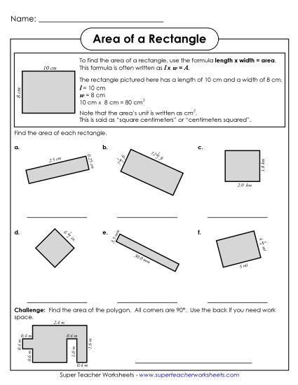 Advanced - Area of a Rectangle (Advanced) (Printable PDF Worksheet)