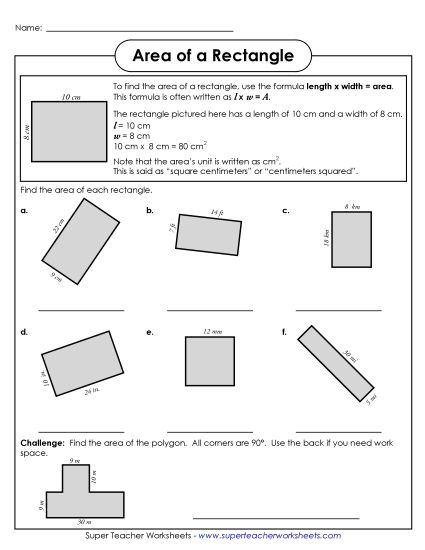 Intermediate - Area of a Rectangle (Intermediate) (Printable PDF Worksheet)
