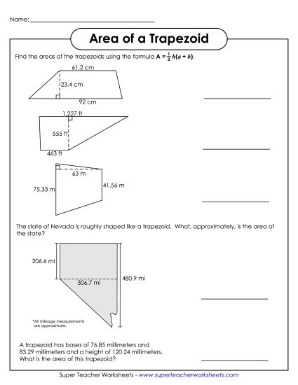 Level: Advanced Includes Decimals & Fractions - Area of a Trapezoid (Advanced) (Printable PDF Worksheet)