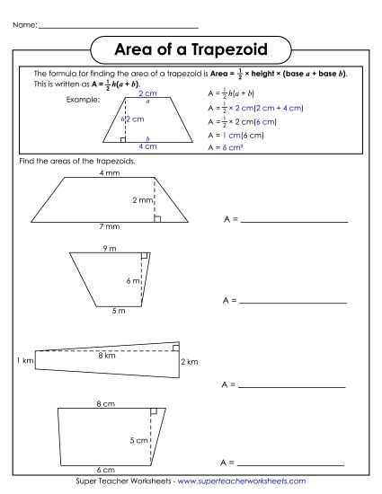 Level: Basic Single-Digit Measurements - Area of a Trapezoid (Basic) (Printable PDF Worksheet)