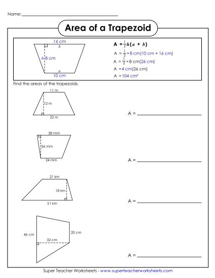 Level: Intermediate 2-Digit Measurements - Area of a Trapezoid (Intermediate) (Printable PDF Worksheet)