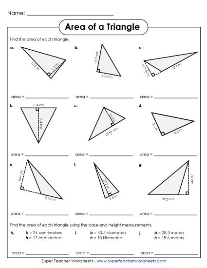 Level: Intermediate Fraction & Decimal Measurements - Area of a Triangle #2 (Intermediate) (Printable PDF Worksheet)