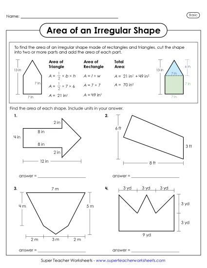 Basic - Rectangles and Triangles - Area of an Irregular Shape: Triangles and Rectangles (Printable PDF Worksheet)