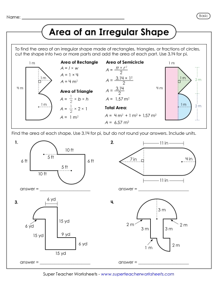 Basic - Rectangles, Triangles, & Semicircles - Area of an Irregular Shape: Triangles, Semicircles, and Rectangles (Printable PDF Worksheet)