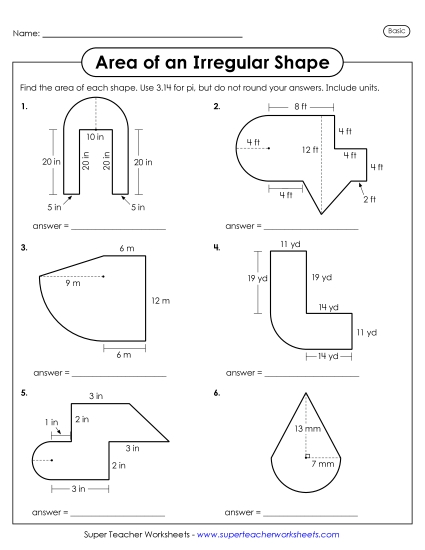 Basic - Rectangles, Triangles, & Semicircles - Area of Irregular Shapes Practice Sheet (Printable PDF Worksheet)