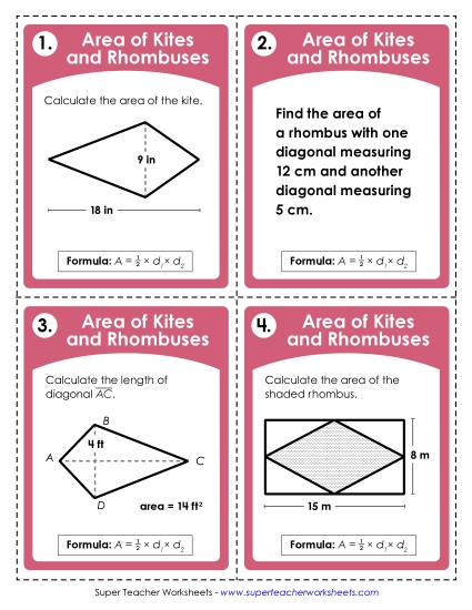 Geometry - Area of Kites & Rhombuses (Intermediate) (Printable PDF Worksheet)