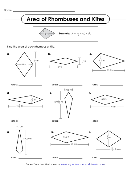 Level: Advanced (Fractions & Decimals) - Area of Rhombuses & Kites Practice  (with Decimals and Fractions) (Printable PDF Worksheet)