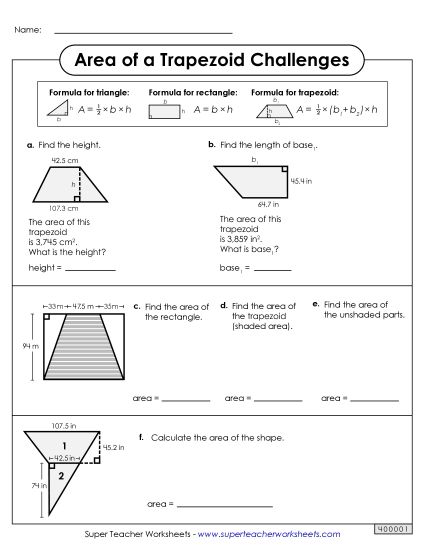 Level: Advanced Includes Decimals & Fractions - Area of Trapezoids Challenges (Advanced) (Printable PDF Worksheet)
