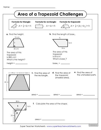 Level: Intermediate 2-Digit Measurements - Area of Trapezoids Challenges (Intermediate) (Printable PDF Worksheet)