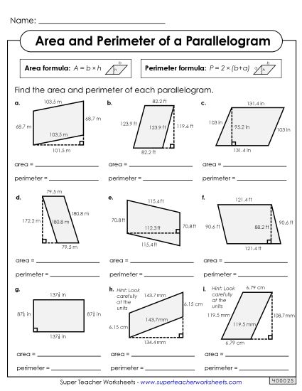 Level: Advanced Decimal & Fraction Measurements - Areas & Perimeters of Parallelograms (Advanced) (Printable PDF Worksheet)