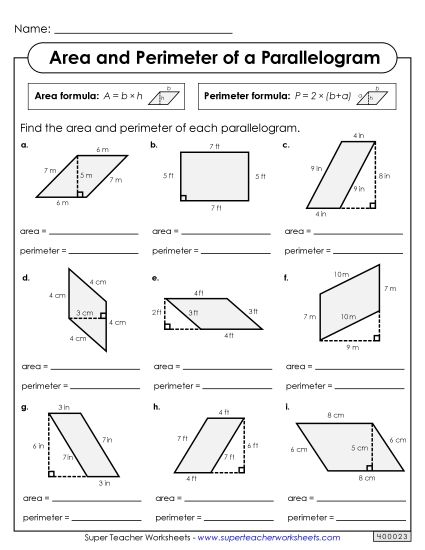 Basic Level: Single-Digit Measurements - Areas & Perimeters of Parallelograms (Basic) (Printable PDF Worksheet)