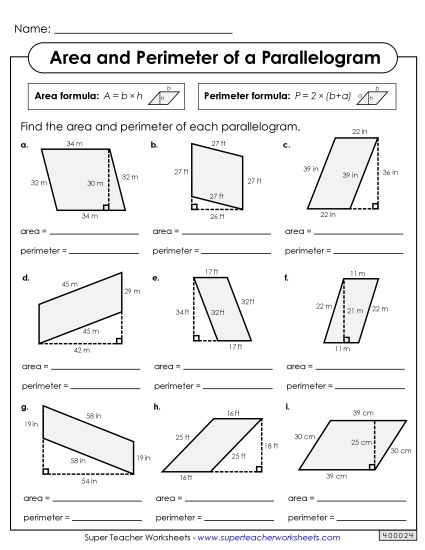 Level: Intermediate Double-Digit Measurements - Areas & Perimeters of Parallelograms (Intermediate) (Printable PDF Worksheet)